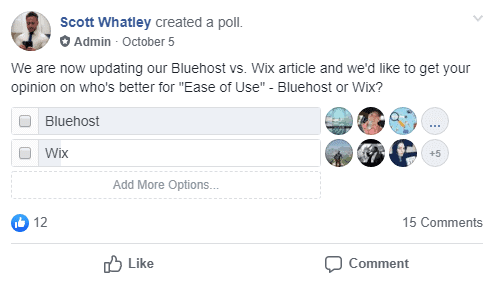 Bluehost vs Wix facebook poll